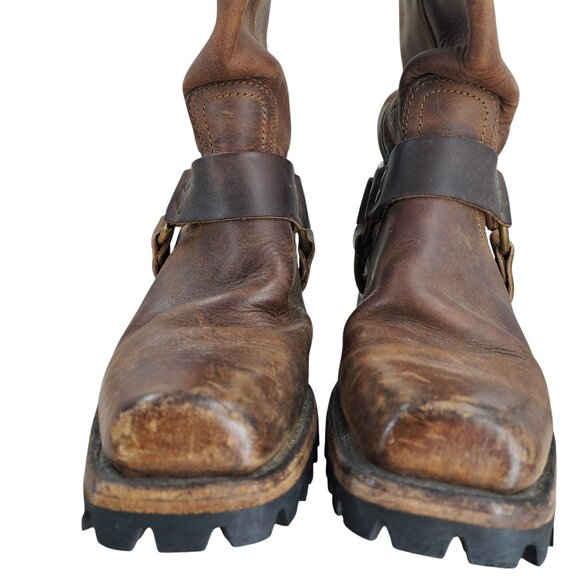 Frye Brown Leather Harness Pull On Moto Boots Size 8 Womens Heel Distressed - Picture 2 of 15